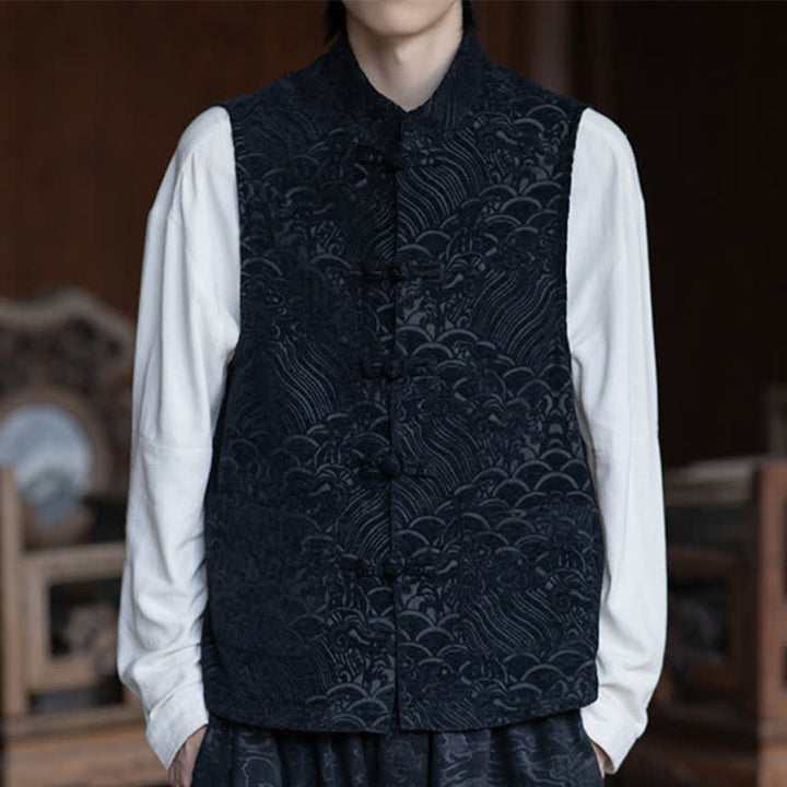 Buddha Stones Fall Tang Style Vintage Mandarin Collar Frog Button Abstract Jacquard Men's Sleeveless Shirts - image 8