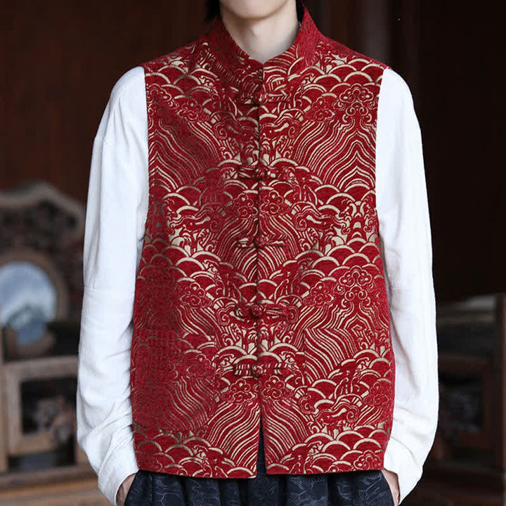 Buddha Stones Fall Tang Style Vintage Mandarin Collar Frog Button Abstract Jacquard Men's Sleeveless Shirts - image 17