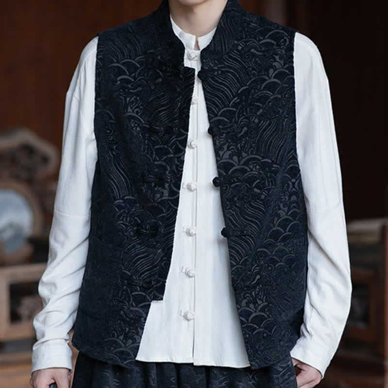 Buddha Stones Fall Tang Style Vintage Mandarin Collar Frog Button Abstract Jacquard Men's Sleeveless Shirts - Black - US/UK/AU46，EU56 (5XL) - image 0