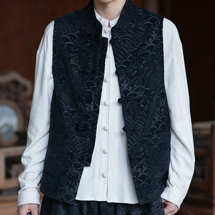Buddha Stones Fall Tang Style Vintage Mandarin Collar Frog Button Abstract Jacquard Men's Sleeveless Shirts - Black - US/UK/AU46，EU56 (5XL) - image 0