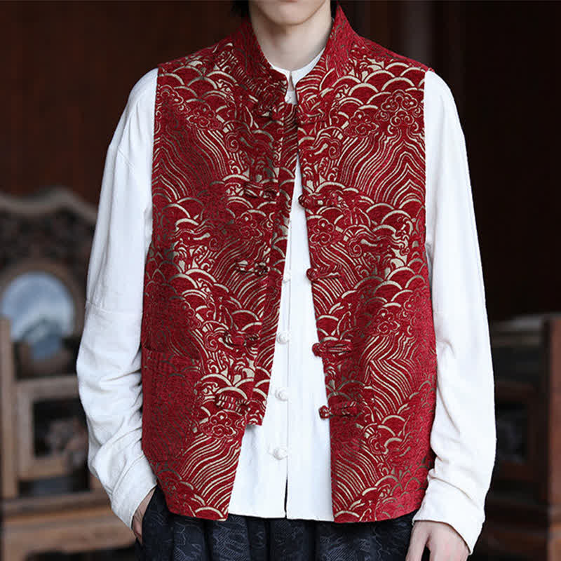 Buddha Stones Fall Tang Style Vintage Mandarin Collar Frog Button Abstract Jacquard Men's Sleeveless Shirts - image 18