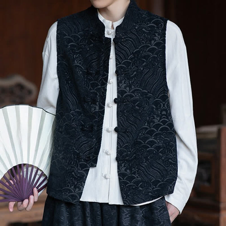 Buddha Stones Fall Tang Style Vintage Mandarin Collar Frog Button Abstract Jacquard Men's Sleeveless Shirts - image 7