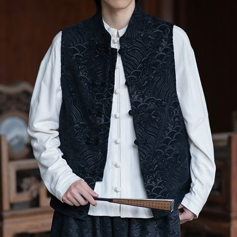 Buddha Stones Fall Tang Style Vintage Mandarin Collar Frog Button Abstract Jacquard Men's Sleeveless Shirts - image 2