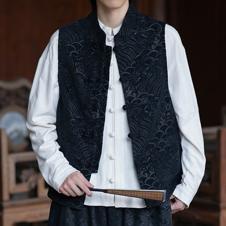 Buddha Stones Fall Tang Style Vintage Mandarin Collar Frog Button Abstract Jacquard Men's Sleeveless Shirts - image 2