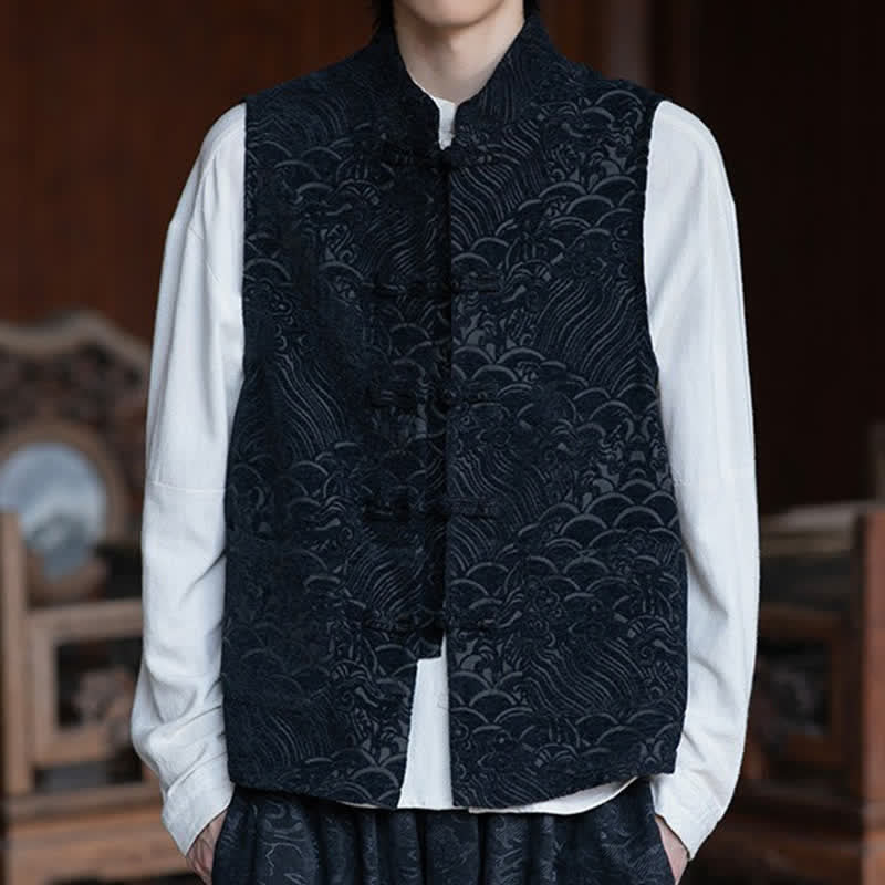 Buddha Stones Fall Tang Style Vintage Mandarin Collar Frog Button Abstract Jacquard Men's Sleeveless Shirts - image 1