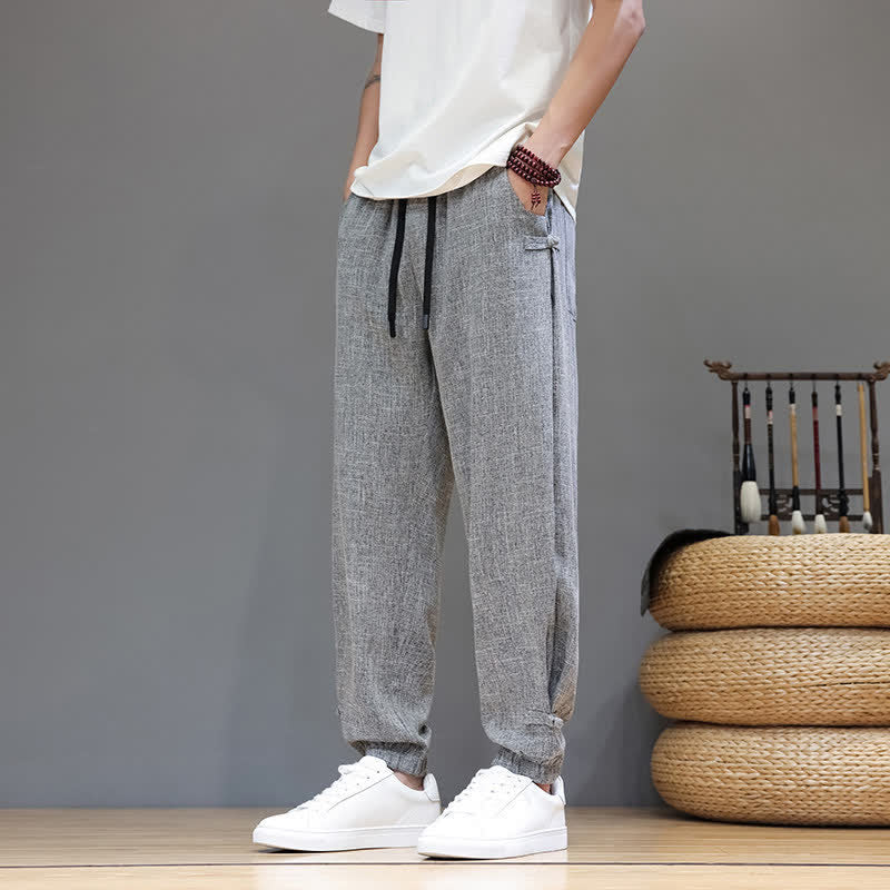 Buddha Stones Spring Summer Casual Minimalist Drawstring Elastic Waist Solid Cropped Pants Men's Tapered Pants With Pocket - image 3