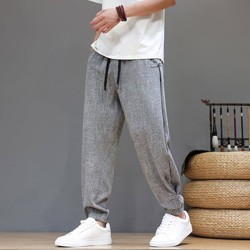 Buddha Stones Spring Summer Casual Minimalist Drawstring Elastic Waist Solid Cropped Pants Men's Tapered Pants With Pocket - image 1