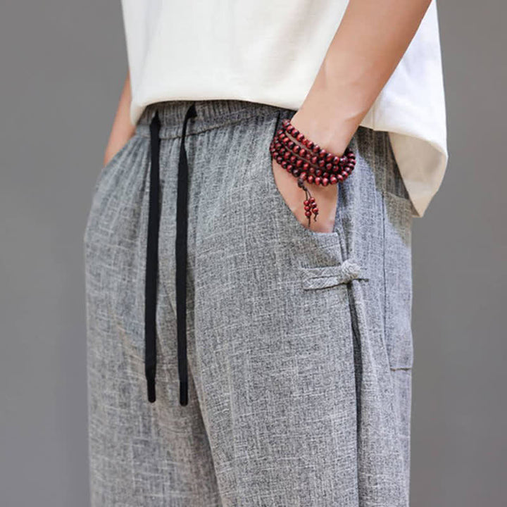 Buddha Stones Spring Summer Casual Minimalist Drawstring Elastic Waist Solid Cropped Pants Men's Tapered Pants With Pocket - image 9