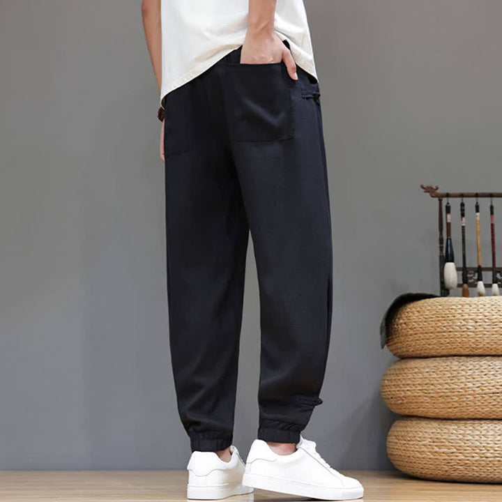 Buddha Stones Spring Summer Casual Minimalist Drawstring Elastic Waist Solid Cropped Pants Men's Tapered Pants With Pocket - image 16