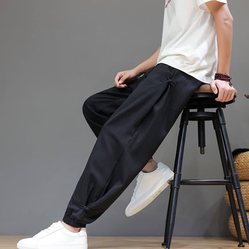 Buddha Stones Spring Summer Casual Minimalist Drawstring Elastic Waist Solid Cropped Pants Men's Tapered Pants With Pocket - image 20