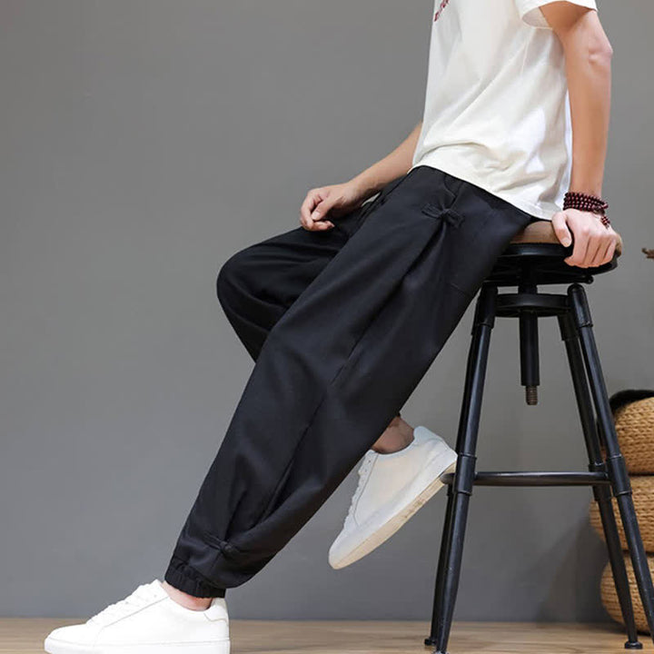 Buddha Stones Spring Summer Casual Minimalist Drawstring Elastic Waist Solid Cropped Pants Men's Tapered Pants With Pocket - image 20