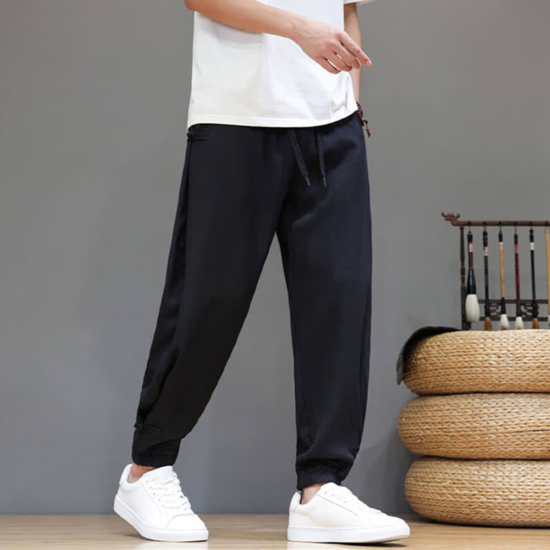 Buddha Stones Spring Summer Casual Minimalist Drawstring Elastic Waist Solid Cropped Pants Men's Tapered Pants With Pocket - image 18