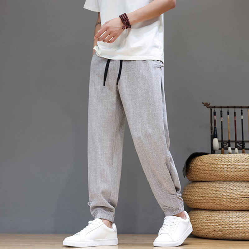 Buddha Stones Spring Summer Casual Minimalist Drawstring Elastic Waist Solid Cropped Pants Men's Tapered Pants With Pocket - image 23