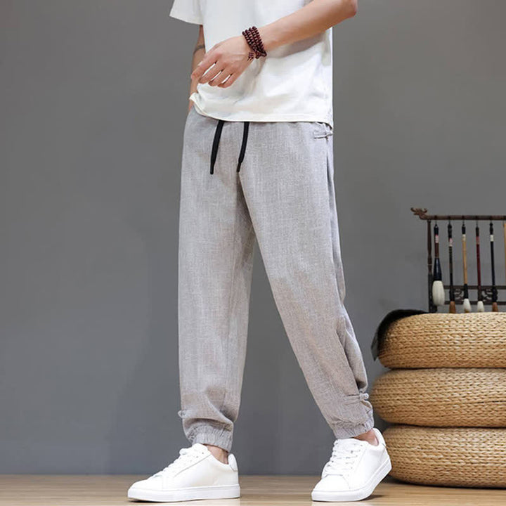 Buddha Stones Spring Summer Casual Minimalist Drawstring Elastic Waist Solid Cropped Pants Men's Tapered Pants With Pocket - image 23