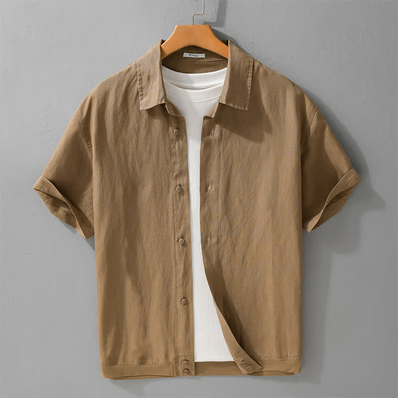 Buddha Stones Summer Casual Minimalist Button-Up Stand Collar Solid Men's Short Sleeve Shirts - Tan - US/UK/AU42，EU52 (3XL) - image 0