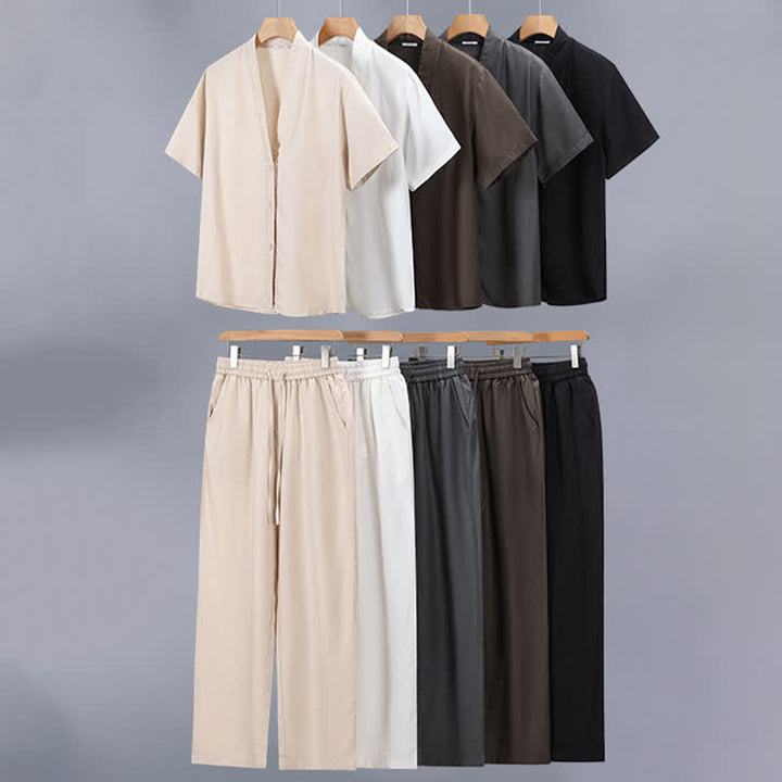 Buddha Stones 2Pcs Spring Summer Casual Minimalist Button-Up Shirt Drawstring Pants Solid Men's Meditation Cloth With Pockets - image 13
