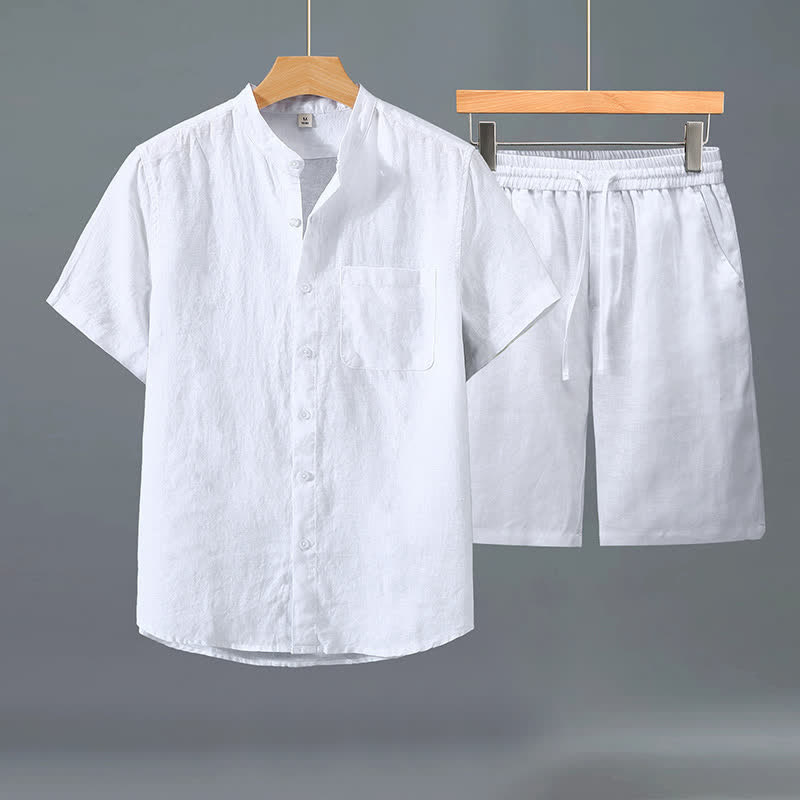 Buddha Stones 2Pcs Summer Casual Tang Style Button-Up Short Sleeve Shirt Shorts Solid Linen Men's Meditation Cloth With Pocket - White Shirt+White Pants - US/UK/AU42，EU52 (3XL) - image 7
