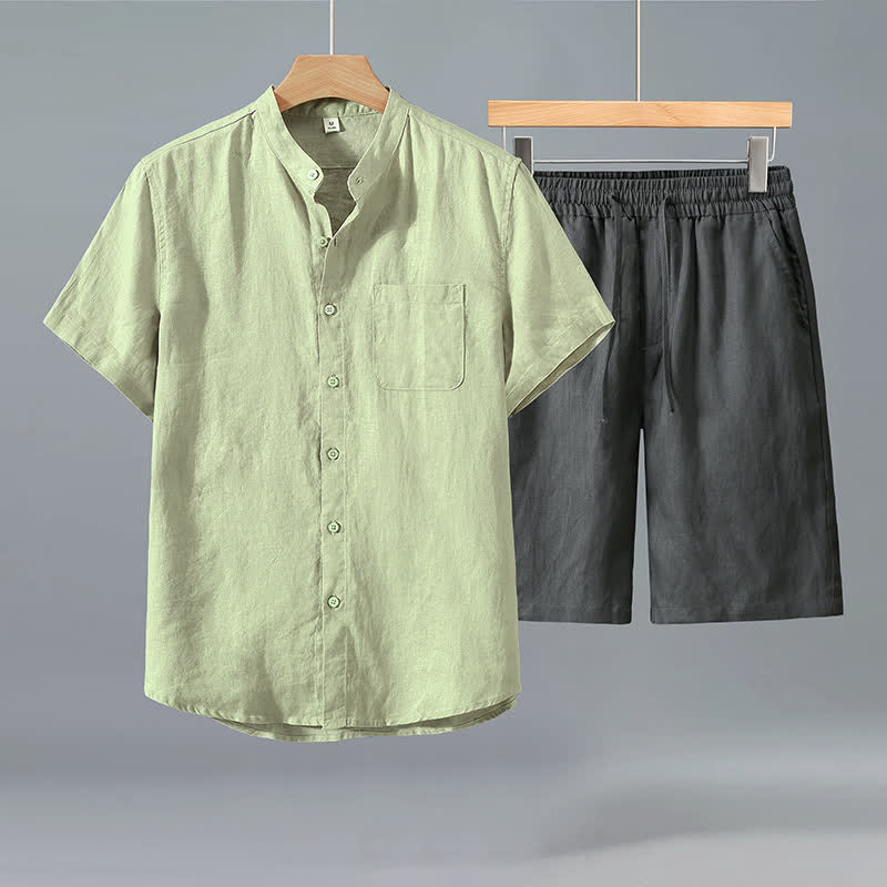 Buddha Stones 2Pcs Summer Casual Tang Style Button-Up Short Sleeve Shirt Shorts Solid Linen Men's Meditation Cloth With Pocket - Green Shirt+Gray Pants - US/UK/AU42，EU52 (3XL) - image 5