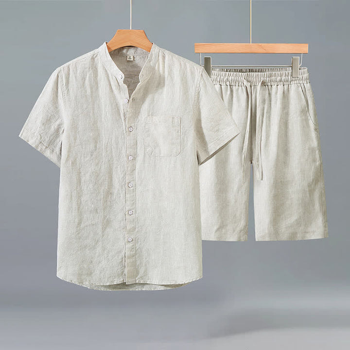 Buddha Stones 2Pcs Summer Casual Tang Style Button-Up Short Sleeve Shirt Shorts Solid Linen Men's Meditation Cloth With Pocket - Beige Shirt+Beige Pants - US/UK/AU42，EU52 (3XL) - image 0