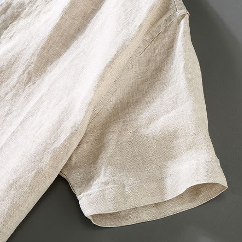 Buddha Stones 2Pcs Summer Tang Style Meditation Frog Button Short Sleeve Shirt Pants Solid Linen Men's Meditation Cloth - image 3