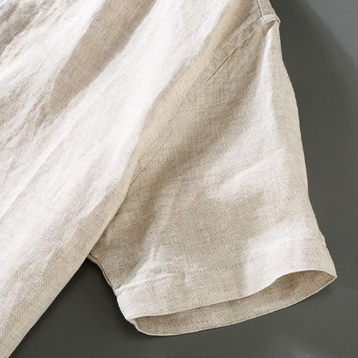Buddha Stones 2Pcs Summer Tang Style Meditation Frog Button Short Sleeve Shirt Pants Solid Linen Men's Meditation Cloth - image 3