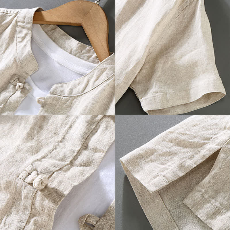 Buddha Stones 2Pcs Summer Tang Style Meditation Frog Button Short Sleeve Shirt Pants Solid Linen Men's Meditation Cloth - image 5