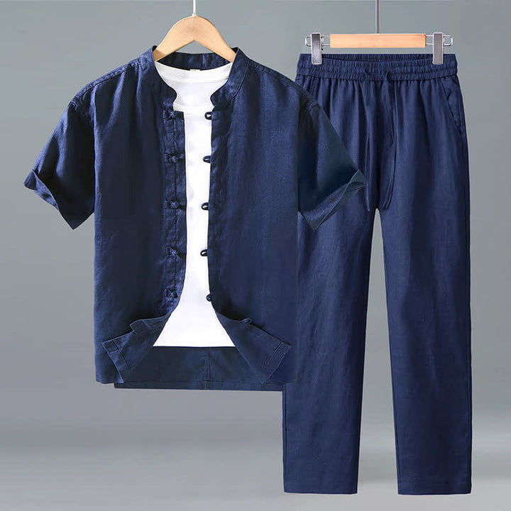 Buddha Stones 2Pcs Summer Tang Style Meditation Frog Button Short Sleeve Shirt Pants Solid Linen Men's Meditation Cloth - MidnightBlue - US/UK/AU42，EU52 (3XL) - image 7