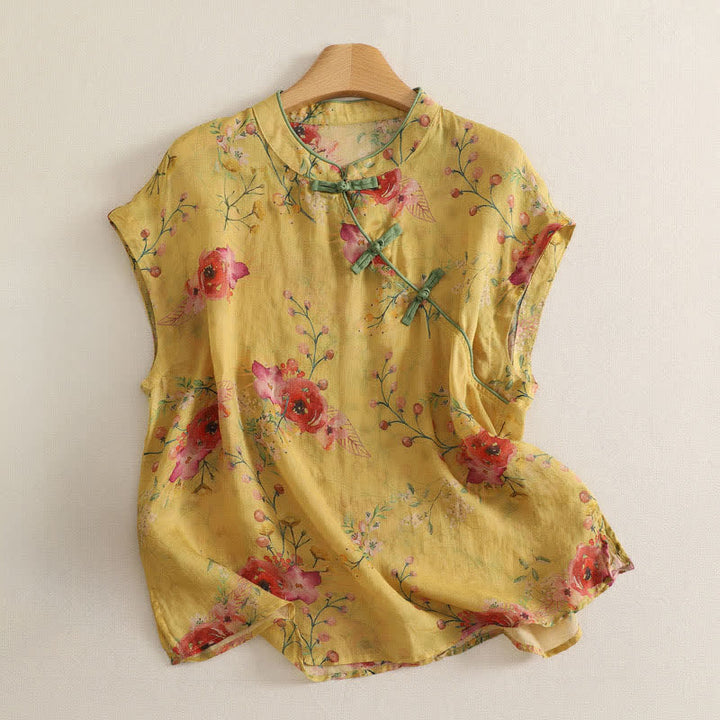 Buddha Stones Summer Vintage Tang Style Frog Button Red Floral Tank Top Women's Sleeveless Shirts - Khaki - US12, UK/AU16, EU44 (2XL) - image 0