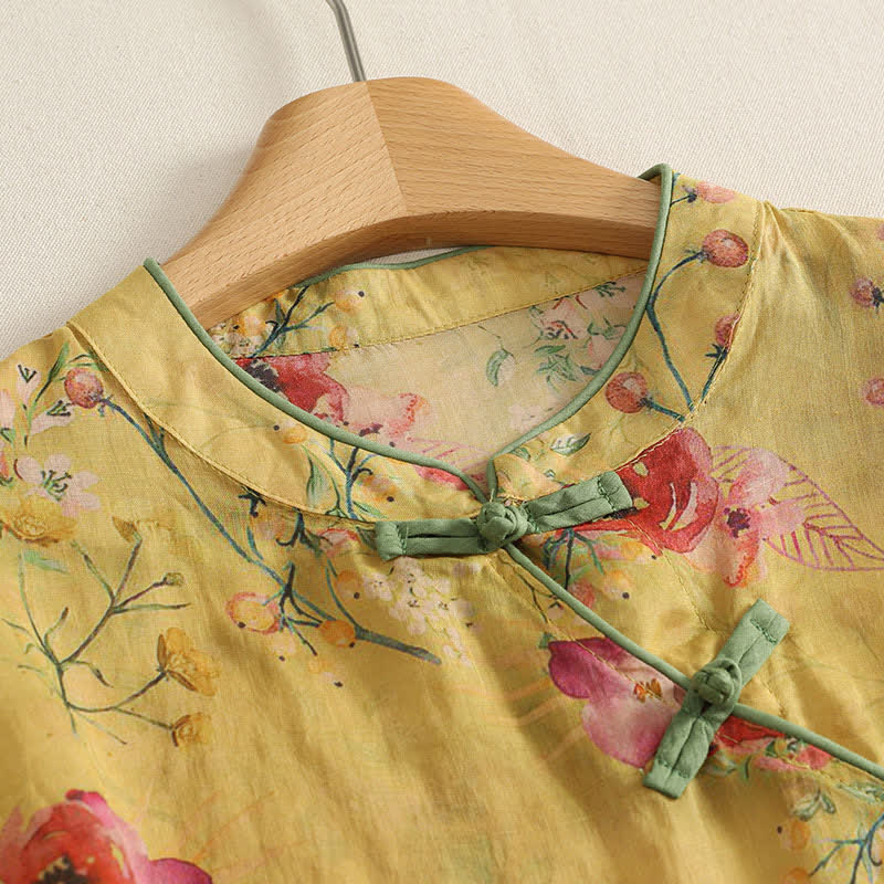 Buddha Stones Summer Vintage Tang Style Frog Button Red Floral Tank Top Women's Sleeveless Shirts - image 2