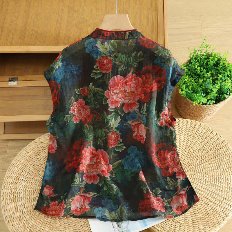 Buddha Stones Summer Tang Style Elegant Mandarin Collar Peony Floral Tank Top Women's Sleeveless Shirts - image 1