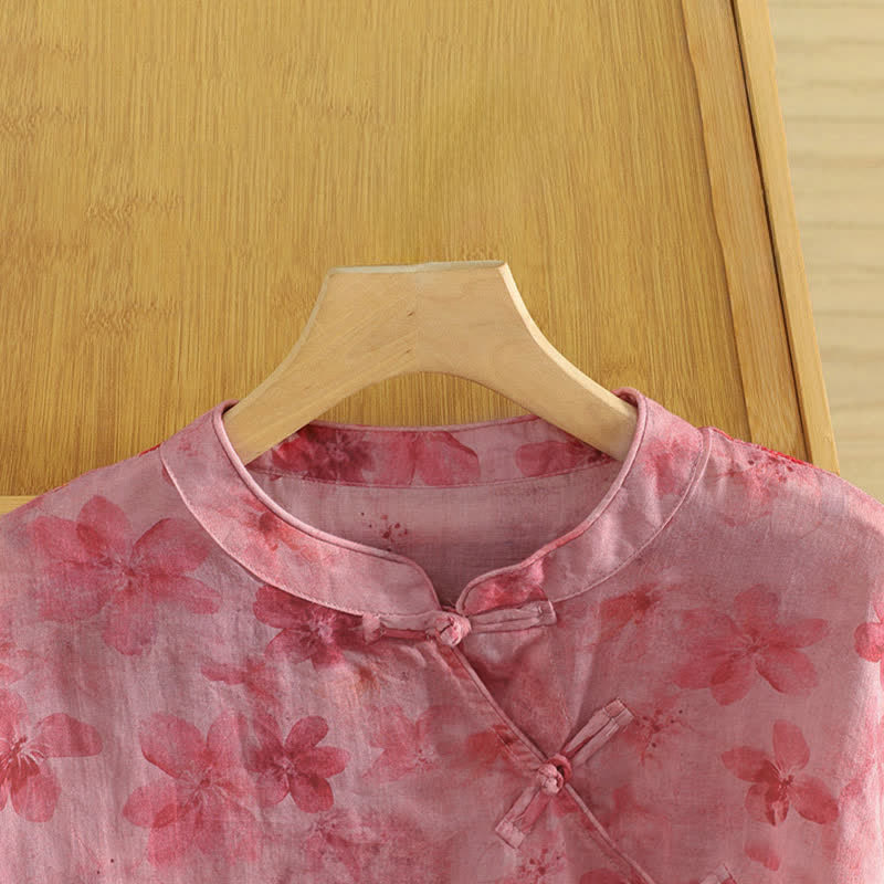 Buddha Stones Summer Tang Style Casual Mandarin Collar Pink Floral Tank Top Women's Sleeveless Shirts - image 3