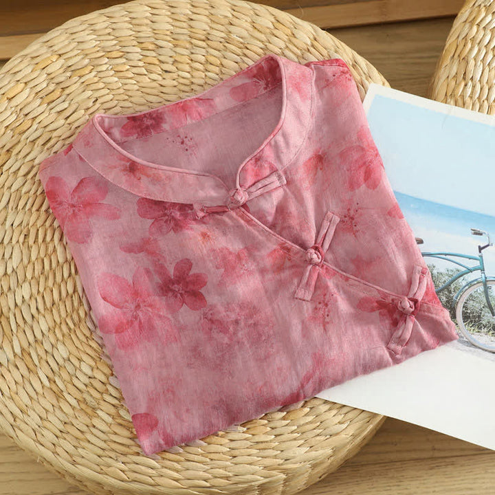 Buddha Stones Summer Tang Style Casual Mandarin Collar Pink Floral Tank Top Women's Sleeveless Shirts - image 2
