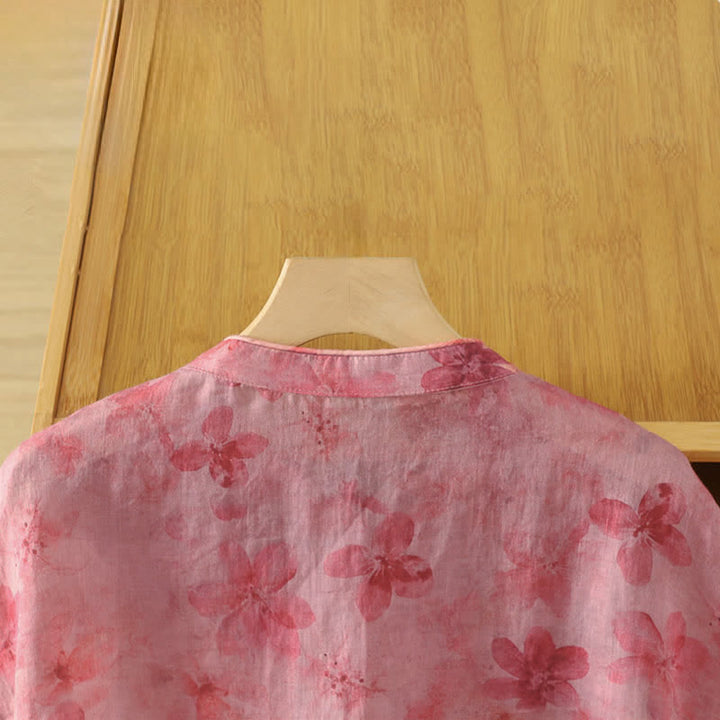 Buddha Stones Summer Tang Style Casual Mandarin Collar Pink Floral Tank Top Women's Sleeveless Shirts - image 4