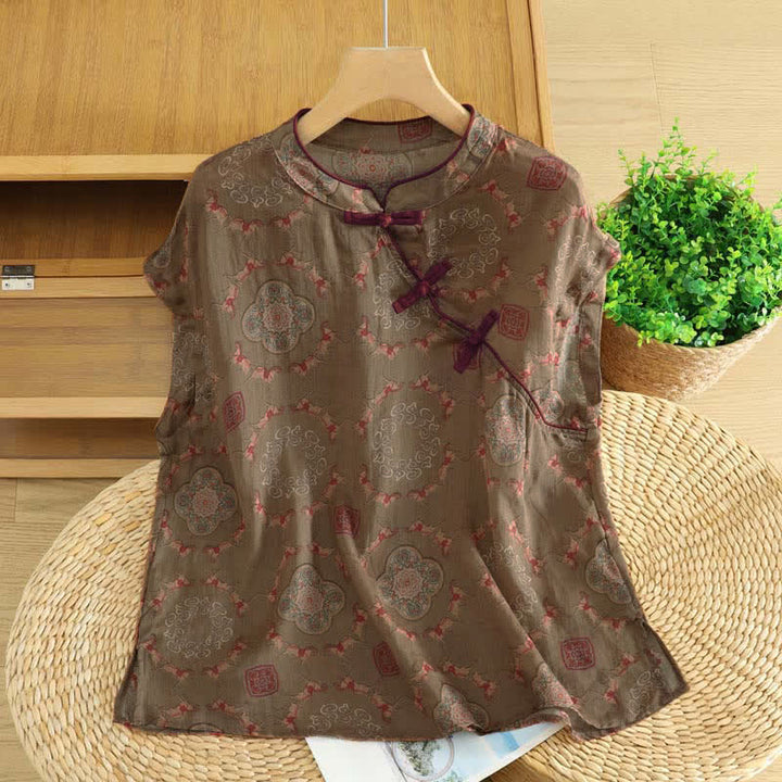 Buddha Stones Summer Tang Style Vintage Mandarin Collar Frog Button Floral Gourd Horse Tank Top Women's Sleeveless Shirts - Sienna - US12, UK/AU16, EU44 (2XL) - image 0