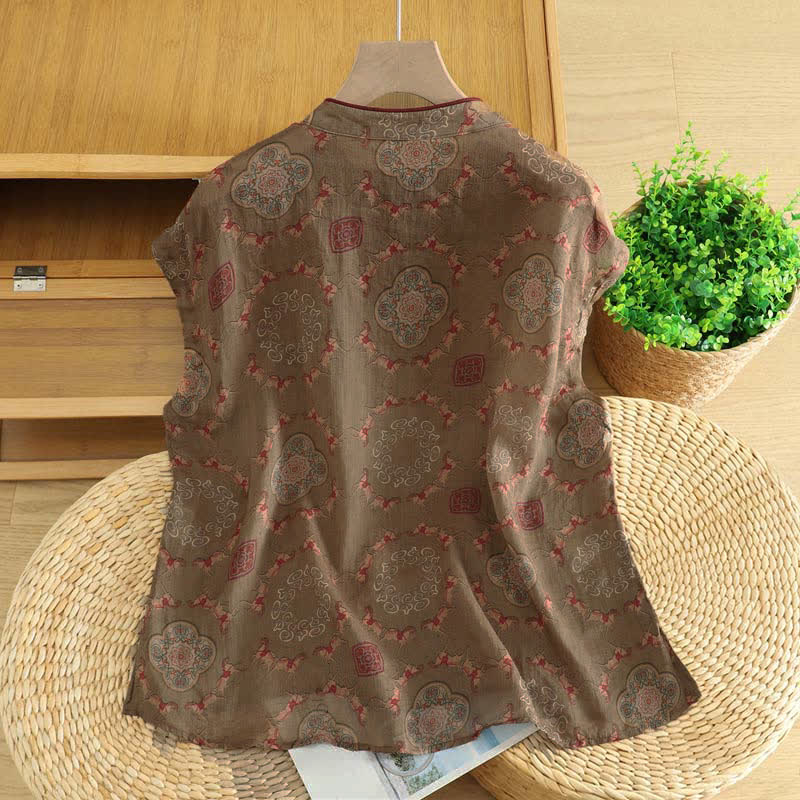 Buddha Stones Summer Tang Style Vintage Mandarin Collar Frog Button Floral Gourd Horse Tank Top Women's Sleeveless Shirts - image 1