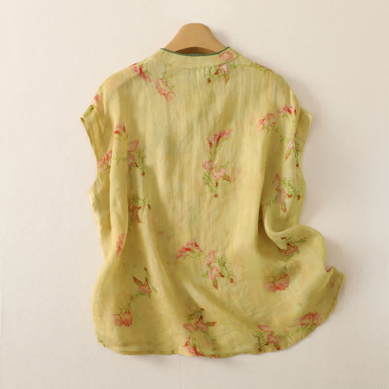 Buddha Stones Summer Tang Style Vintage Mandarin Collar Pink Flowers Tank Top Women's Sleeveless Shirts - image 1