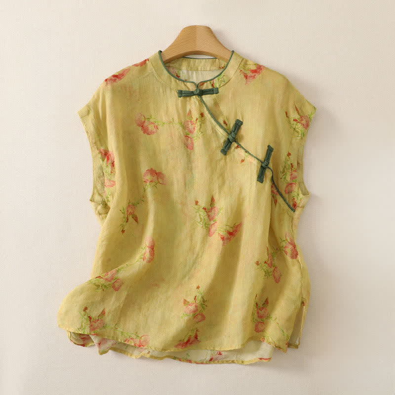 Buddha Stones Summer Tang Style Vintage Mandarin Collar Pink Flowers Tank Top Women's Sleeveless Shirts - PaleGoldenrod - US4, UK/AU8, EU36 (M) - image 0