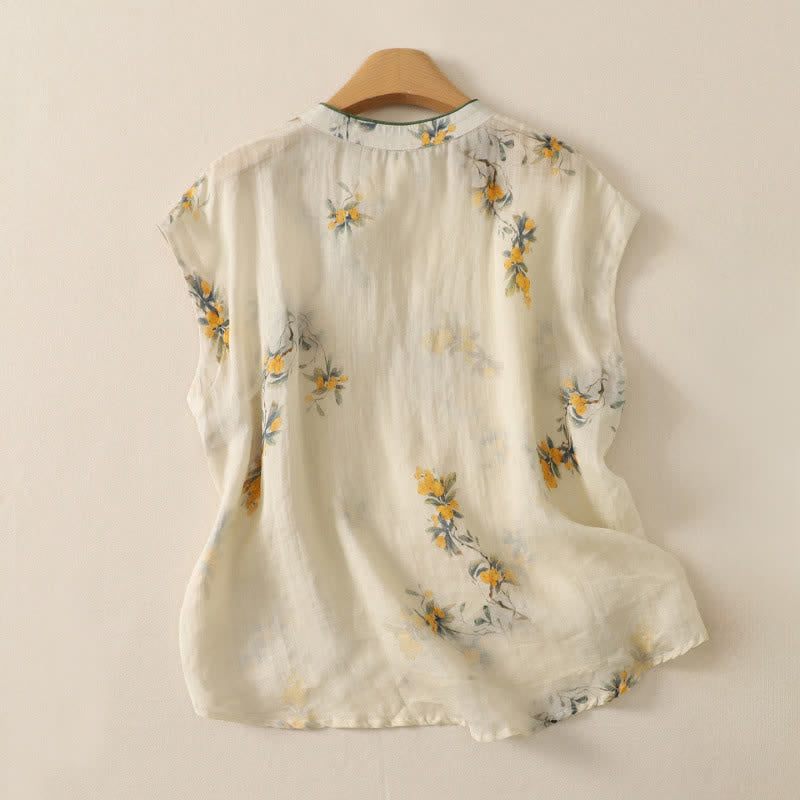 Buddha Stones Summer Tang Style Vintage Mandarin Collar Yellow Loquat Floral Tank Top Women's Sleeveless Shirts - image 1