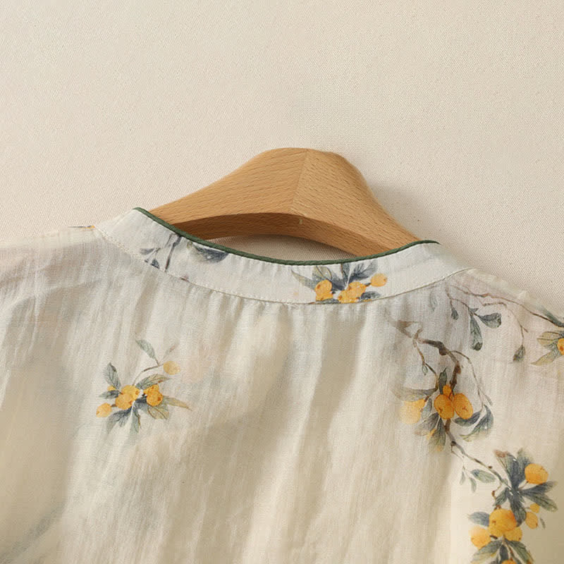 Buddha Stones Summer Tang Style Vintage Mandarin Collar Yellow Loquat Floral Tank Top Women's Sleeveless Shirts - image 4