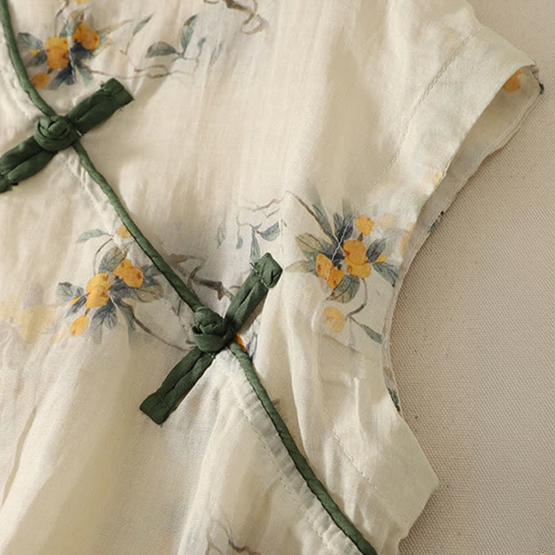 Buddha Stones Summer Tang Style Vintage Mandarin Collar Yellow Loquat Floral Tank Top Women's Sleeveless Shirts - image 6