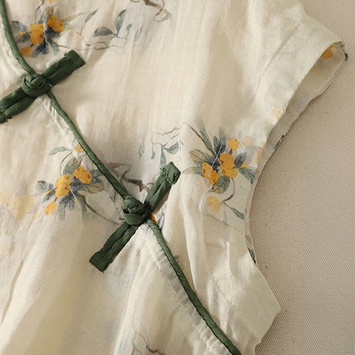 Buddha Stones Summer Tang Style Vintage Mandarin Collar Yellow Loquat Floral Tank Top Women's Sleeveless Shirts - image 6