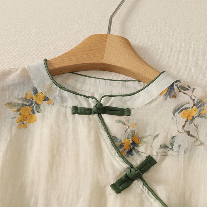 Buddha Stones Summer Tang Style Vintage Mandarin Collar Yellow Loquat Floral Tank Top Women's Sleeveless Shirts - image 3