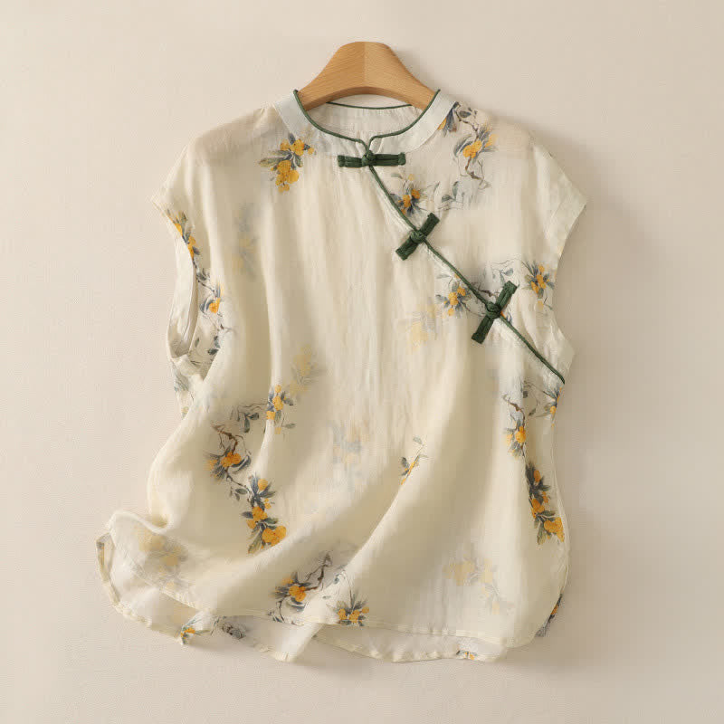 Buddha Stones Summer Tang Style Vintage Mandarin Collar Yellow Loquat Floral Tank Top Women's Sleeveless Shirts - Beige - Sleeveless - US12，UK/AU16，EU44 (2XL) - image 0