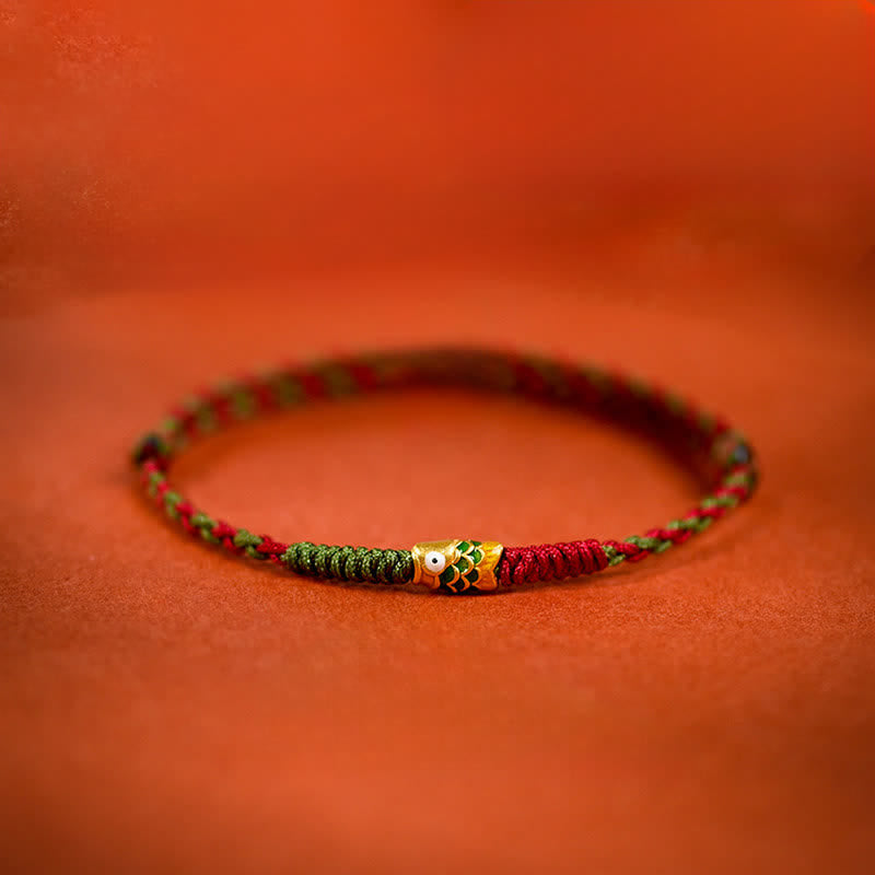 Buddha Stones 999 Gold Braided Colorful Red Green String Koi Fish Luck Bracelet Anklet - Green Koi Fish - Anklet(Circumference: 7.48-10.63 in / 19-27 cm) - image 0