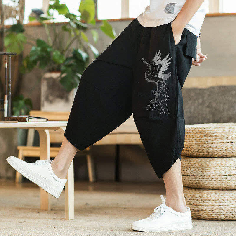 Buddha Stones Summer Casual Vintage Drawstring Crane Print Capri Pants Men's Harem Pants With Pocket - Black - US/UK/AU46, EU56 (5XL) - image 9
