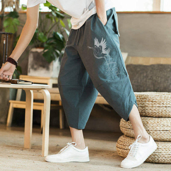 Buddha Stones Summer Casual Vintage Drawstring Crane Print Capri Pants Men's Harem Pants With Pocket - image 1