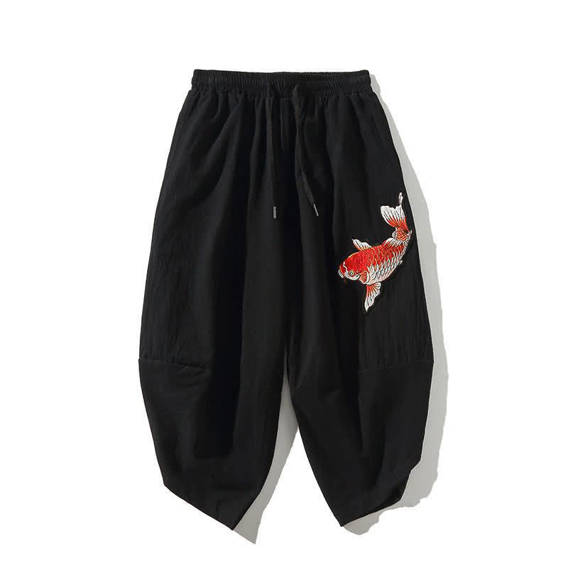 Buddha Stones Summer Tang Style Drawstring Koi Fish Capri Pants Men's Harem Pants With Pocket - Black - US/UK/AU46, EU56 (5XL) - image 12