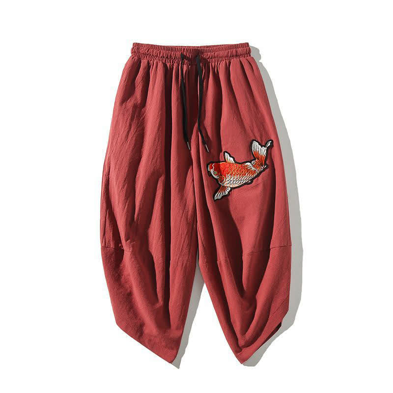 Buddha Stones Summer Tang Style Drawstring Koi Fish Capri Pants Men's Harem Pants With Pocket - IndianRed - US/UK/AU46, EU56 (5XL) - image 0