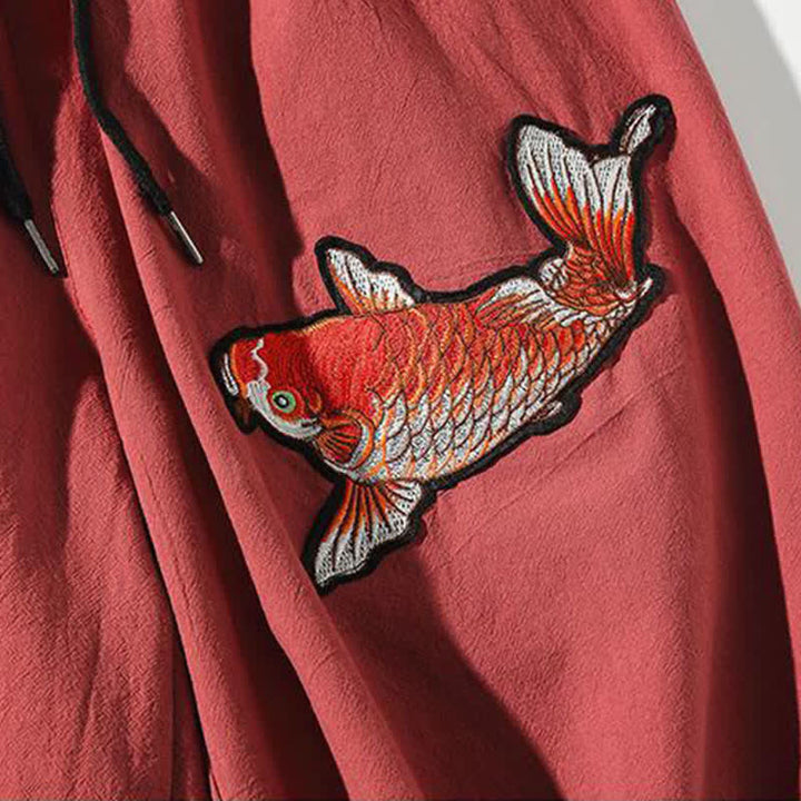 Buddha Stones Summer Tang Style Drawstring Koi Fish Capri Pants Men's Harem Pants With Pocket - image 5