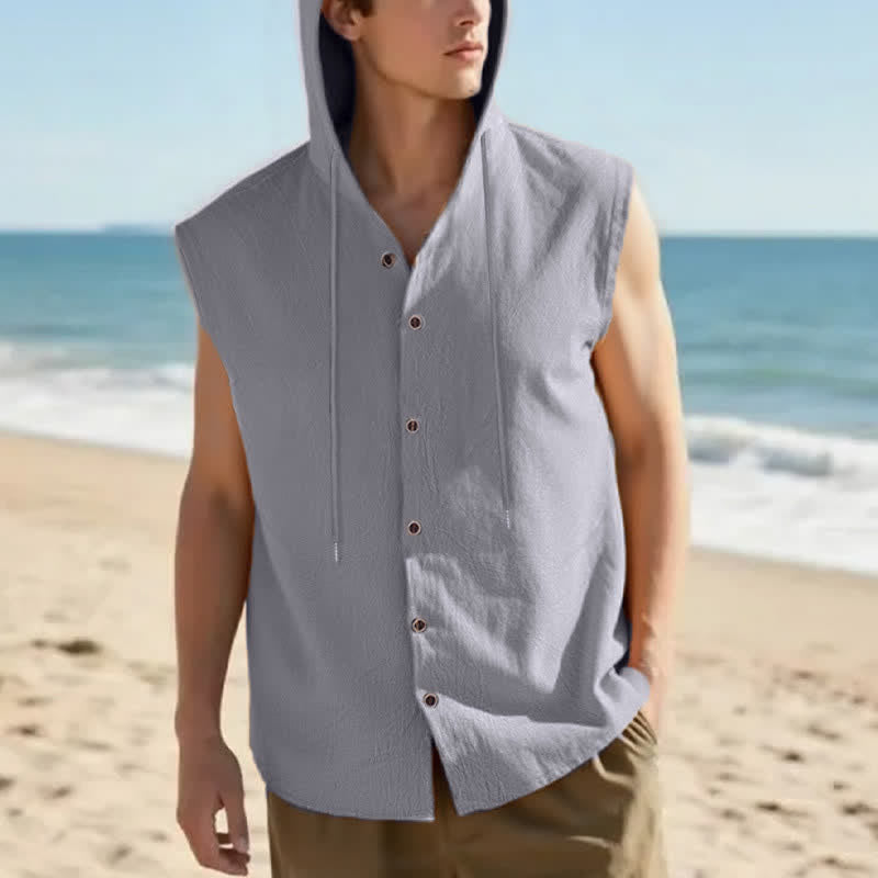 Buddha Stones Summer Casual Minimalist Button-Up Drawstring Solid Tank Top Men's Sleeveless Shirts - Silver - US/UK/AU46, EU56 (3XL) - image 3